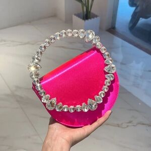 Vibrant Pink Clutch with Crystal Embellished Handle